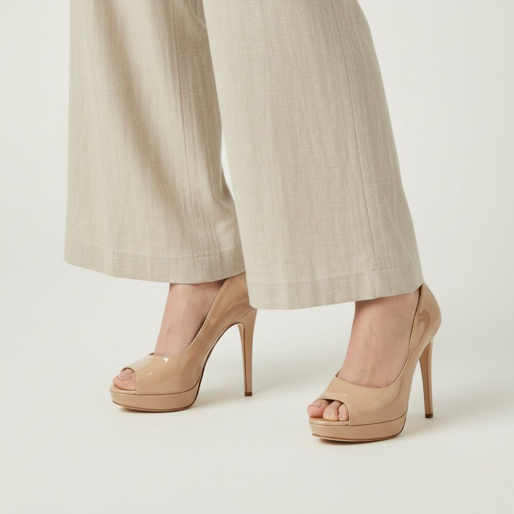 Jimmy Choo Womens 37.5 Luna Peep Toe Nude Pumps Patent Leather Made In Italy